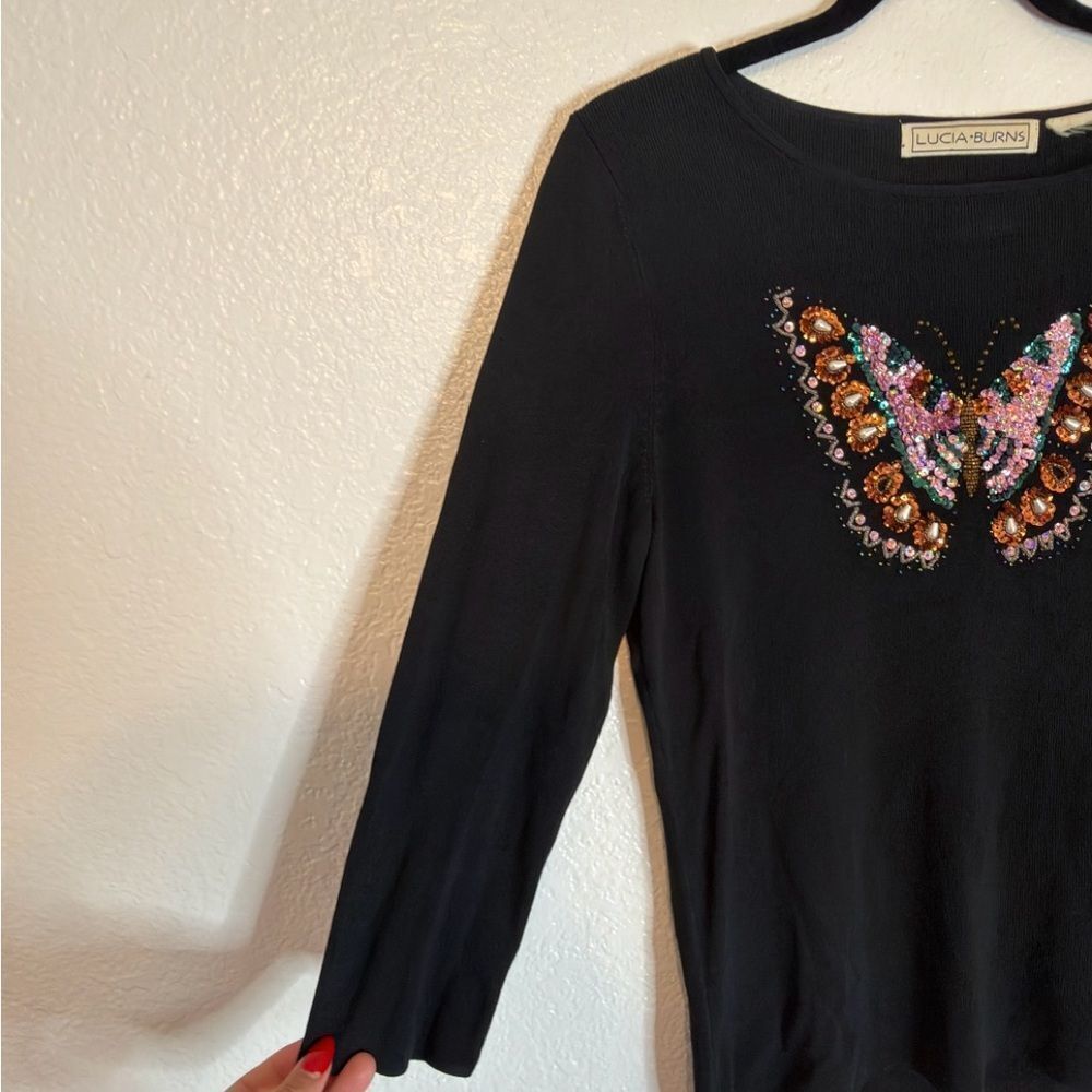 Vintage retro Y2K Lucia Burns Black knitTop with embellished boho Butterfly - Picture 5 of 8